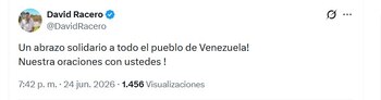 David Racero expresó su solidaridad y aseguró que sus oraciones acompañan a las víctimas del movimiento telúrico - crédito @DavidRacero/X