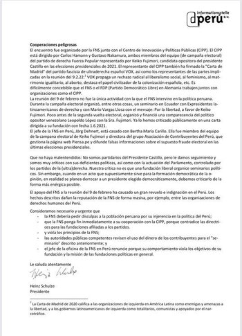 Comunicado de la red de Solidaridad Alemania-Perú