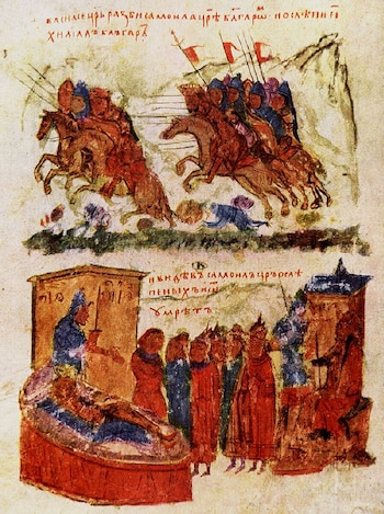 Imagen de un manuscrito medieval con la representación de la batalla de Klyuch (arriba) y del zar Samuel muriendo al ver a sus soldados regresar ciegos (abajo).