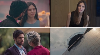Collage de cuatro imágenes: hombre y mujer; mujer sola; hombre y mujer mayor; edificio de cristal con objetos cayendo.