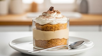Postre en vaso con capas de bizcocho, crema, nata montada, cacao y un grano de café. Sobre plato blanco con cuchara.
