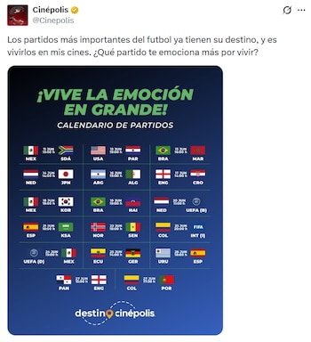 Cinépolis transmitirá 17 partidos de la Copa Mundial 2026 en salas de cine en México, incluyendo todos los duelos de la Selección Mexicana. (X/ @Cinepolis)
