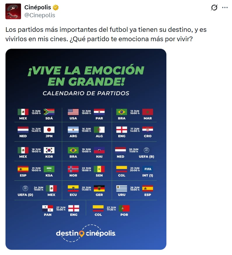 Cinépolis transmitirá 17 partidos de la Copa Mundial 2026 en salas de cine en México, incluyendo todos los duelos de la Selección Mexicana. (X/ @Cinepolis)