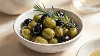 Ilustración de un cuenco blanco con aceitunas verdes y negras brillantes, salpicadas de aceite, y una rama de romero con flores. Fondo beige desenfocado.