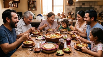 Personas de varias edades comen sopa en platos de barro alrededor de una mesa de madera con tortillas y limones.