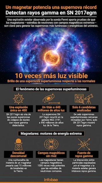 Infografía con una ilustración de una supernova azul y naranja con un núcleo brillante. Contiene texto y gráficos explicativos sobre supernovas y magnetares.