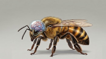 Ilustración de una abeja vista de lado con su cerebro expuesto dentro de una cúpula transparente sobre su cabeza, contra un fondo gris liso.