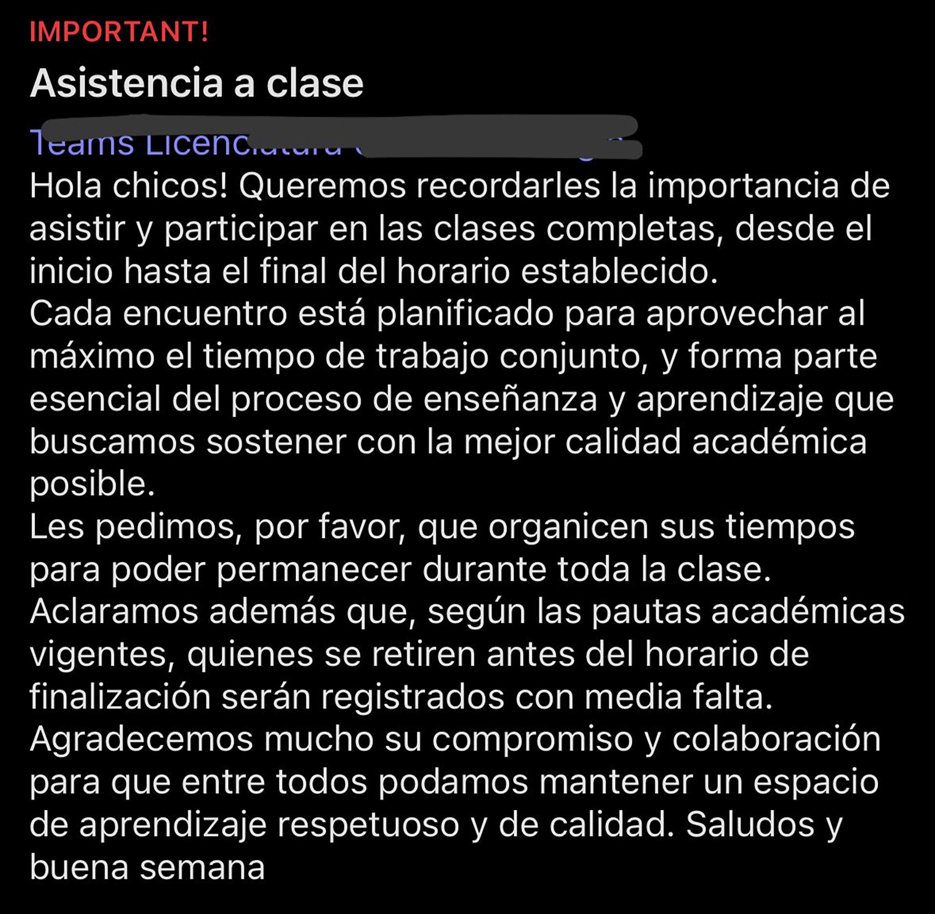 Comunicado de la UADE en el que informa que tomará lista al inicio y final de las clases