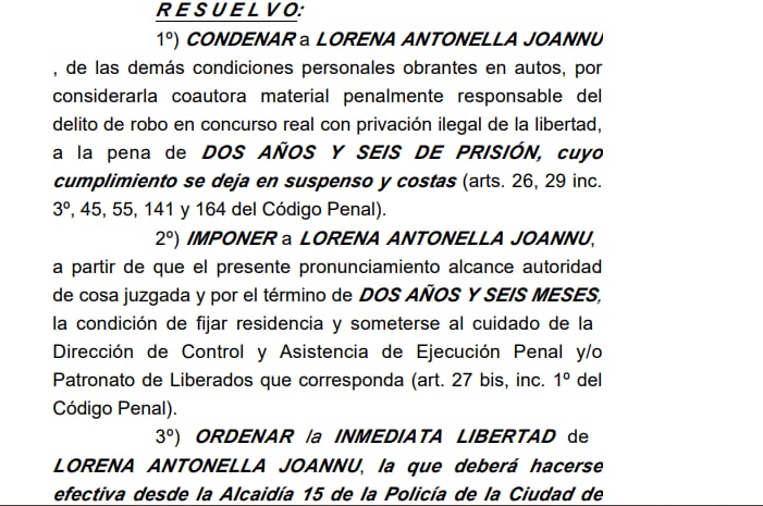 La condena a Joannu por el asalto al jubilado, donde el Tribunal N°3 ordenó su libertad