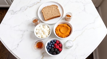 Una rebanada de pan, tazones con queso cottage, puré de calabaza, frutos rojos, miel y frascos con especias sobre una mesa de mármol blanco.
