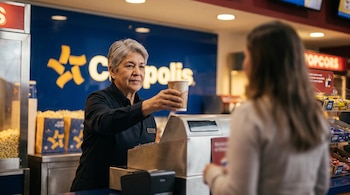 Persona adulta mayor de uniforme oscuro atiende a cliente en mostrador de cine con caja registradora, rodeada de palomitas, dulces y logo de Cinépolis.