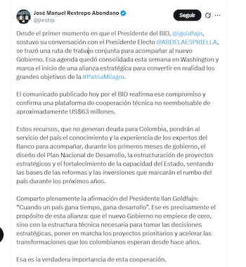 El vicepresidente electo José Manuel Restrepo Abondano hizo aclaraciones sobre la destinación de recursos del BID para Colombia - crédito @jrestrp/X