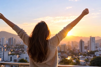 Vista trasera de una mujer con suéter beige que levanta ambos brazos al amanecer frente a un paisaje urbano con montañas al fondo