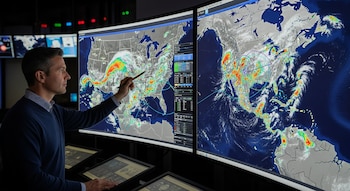 Un hombre señala con un puntero mapas meteorológicos de Estados Unidos y el océano Pacífico en una gran pantalla curva en un centro de monitoreo.