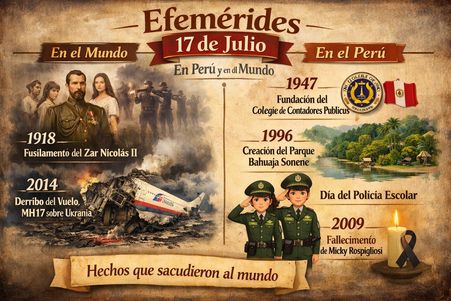 Una infografía presenta efemérides del 17 de julio, destacando acontecimientos históricos en Perú y el mundo, desde el fusilamiento del zar Nicolás II hasta la creación del Parque Bahuaja Sonene. (Imagen Ilustrativa Infobae)