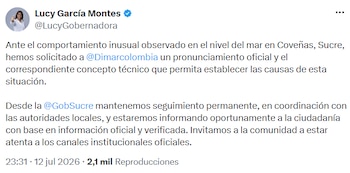 O governador de Sucre informou que solicitou a Dimar um parecer técnico sobre o incidente e pediu que os cidadãos fossem informados apenas através dos canais oficiais. - crédito @LucyGobernadora/X