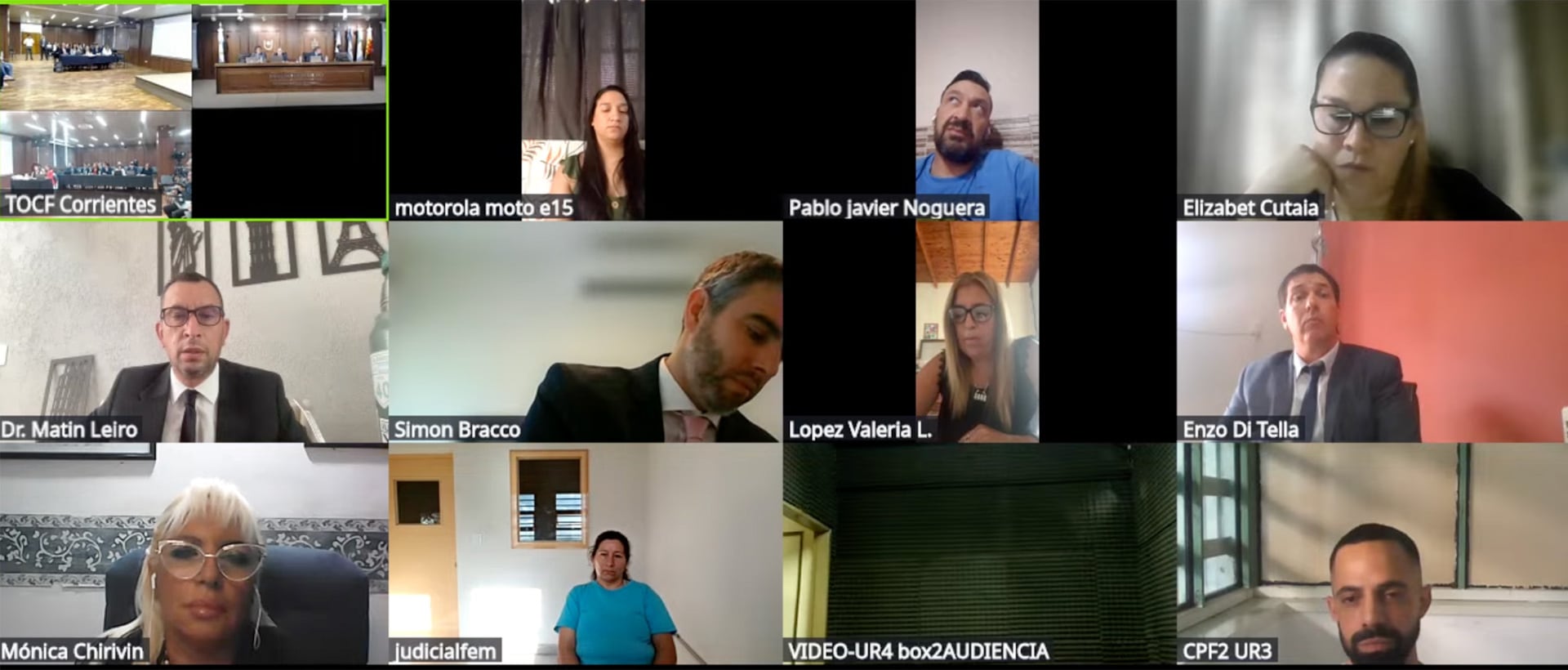 Diversos participantes, incluyendo jueces y abogados, asisten de forma virtual a la audiencia preliminar del juicio por la desaparición de Loan Peña