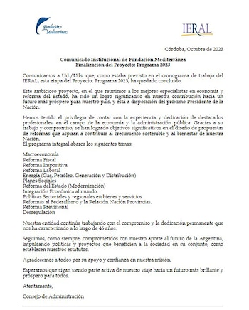 El comunicado institucional de Fundación