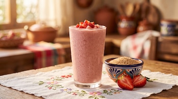 Vaso con bebida rosada y fresas picadas, tazón de barro con granos de amaranto y dos mitades de fresa sobre un mantel bordado.