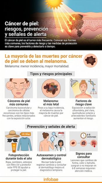 Una infografía sobre cáncer de piel. Muestra la piel expuesta al sol, diferentes lesiones cutáneas, factores de riesgo, fotoprotección y autoexamen.