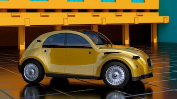 Vista lateral de un coche dorado brillante con diseño redondeado, evocando el Citroën 2CV clásico, estacionado sobre un suelo de baldosas oscuras con reflejos, frente a un edificio amarillo con ventanas azules