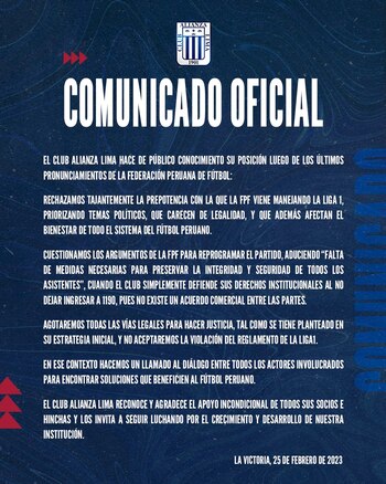 Comunicado de Alianza Lima rechazando