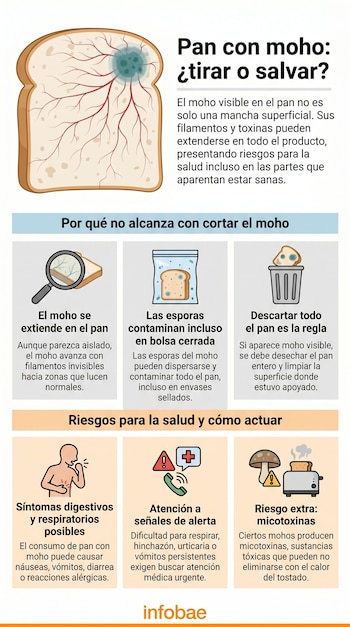 Ilustración de una rebanada de pan con moho azul verdoso extendiéndose con filamentos rojos. Gráficos explican riesgos de moho en pan y medidas a tomar.