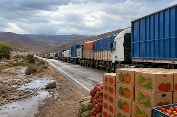 Camiones de carga detenidos en una carretera junto a cajas impresas y sacos de hortalizas apilados en el borde de la vía.
