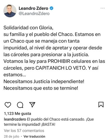 El mensaje de Zdero solidarizándose