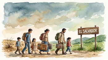 Ilustración en acuarela de tres adultos y tres niños con equipaje caminando junto a un letrero de madera con la leyenda El Salvador.