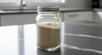 Frasco de vidrio transparente con tapa metálica plateada lleno de polvo beige sobre una encimera gris con manchas, con una cocina moderna de fondo desenfocado.