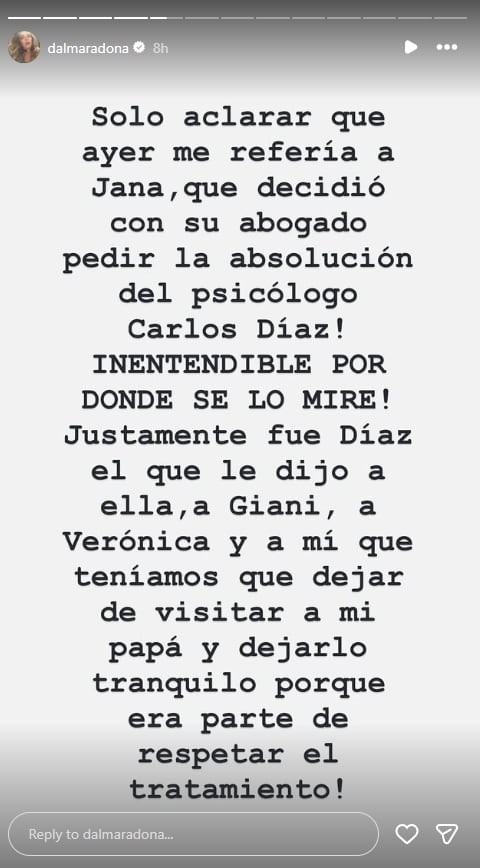Dalma Maradona aclaró que su mensaje en redes sociales estaba dirigido a su hermana Jana (Instagram)