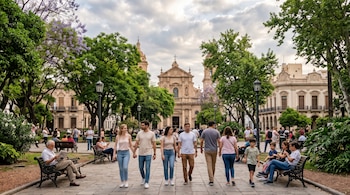 Personas caminando y sentadas en bancos de una plaza arbolada con farolas, frente a edificios coloniales y una iglesia bajo un cielo nublado.