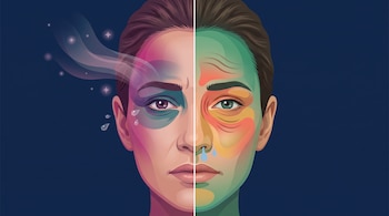 Rostro humano dividido por la mitad. Lado izquierdo con tonos morados, destellos y gotas. Lado derecho con tonos verdes, naranjas y gotas azules. Fondo oscuro.