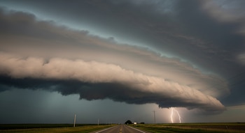 Una carretera rural en Estados Unidos bajo un cielo tormentoso con nubes oscuras y un relámpago brillante a la distancia sobre campos verdes.