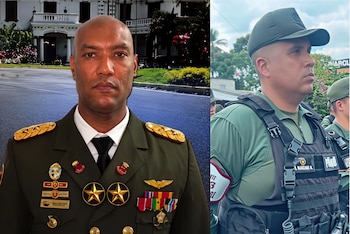 Composición dividida con un oficial militar en uniforme de gala a la izquierda y otro oficial con chaleco táctico y gorra a la derecha