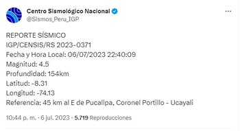 Sismo en Ucayali. IGP/ Twitter