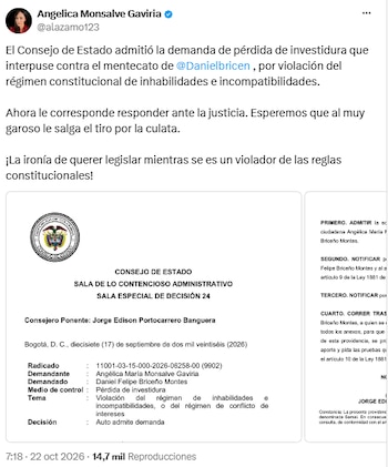 Angélica Monsalve anunció admisión de proceso contra Daniel Briceño en el Consejo de Estado - crédito @alazamo123/X