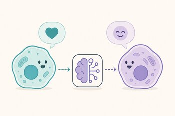 Ilustración de dos células animadas con globos de diálogo conectadas a través de un icono central de inteligencia artificial.