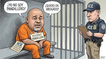 Caricatura: Un hombre en un uniforme de prisión naranja dentro de una celda, frente a un oficial de ICE que sostiene un portapapeles.