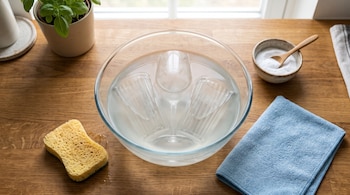 Un recipiente con vasos sumergidos en agua, acompañado de una esponja, un paño azul y un cuenco con polvo blanco sobre una mesa de madera.