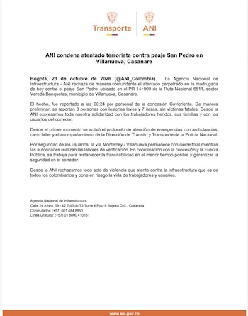 La Agencia Nacional de Infraestructura (ANI) rechazó el atentado con carro bomba contra el peaje San Pedro, en la vía entre Villanueva y Monterrey, Casanare, y confirmó que el hecho dejó tres personas con lesiones leves y siete ilesas - crédito ANI