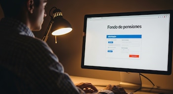 Persona de espaldas frente a una computadora. En la pantalla se lee "Fondo de pensiones". Las manos de la persona están sobre un teclado. Una lámpara de escritorio ilumina.