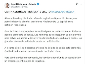 Ingrid Betancourt solicitó al presidente electo Abelardo de la Espriella la construcción de un monumento nacional en honor a los militares que participaron en la Operación Jaque - crédito @IBetancourtCol