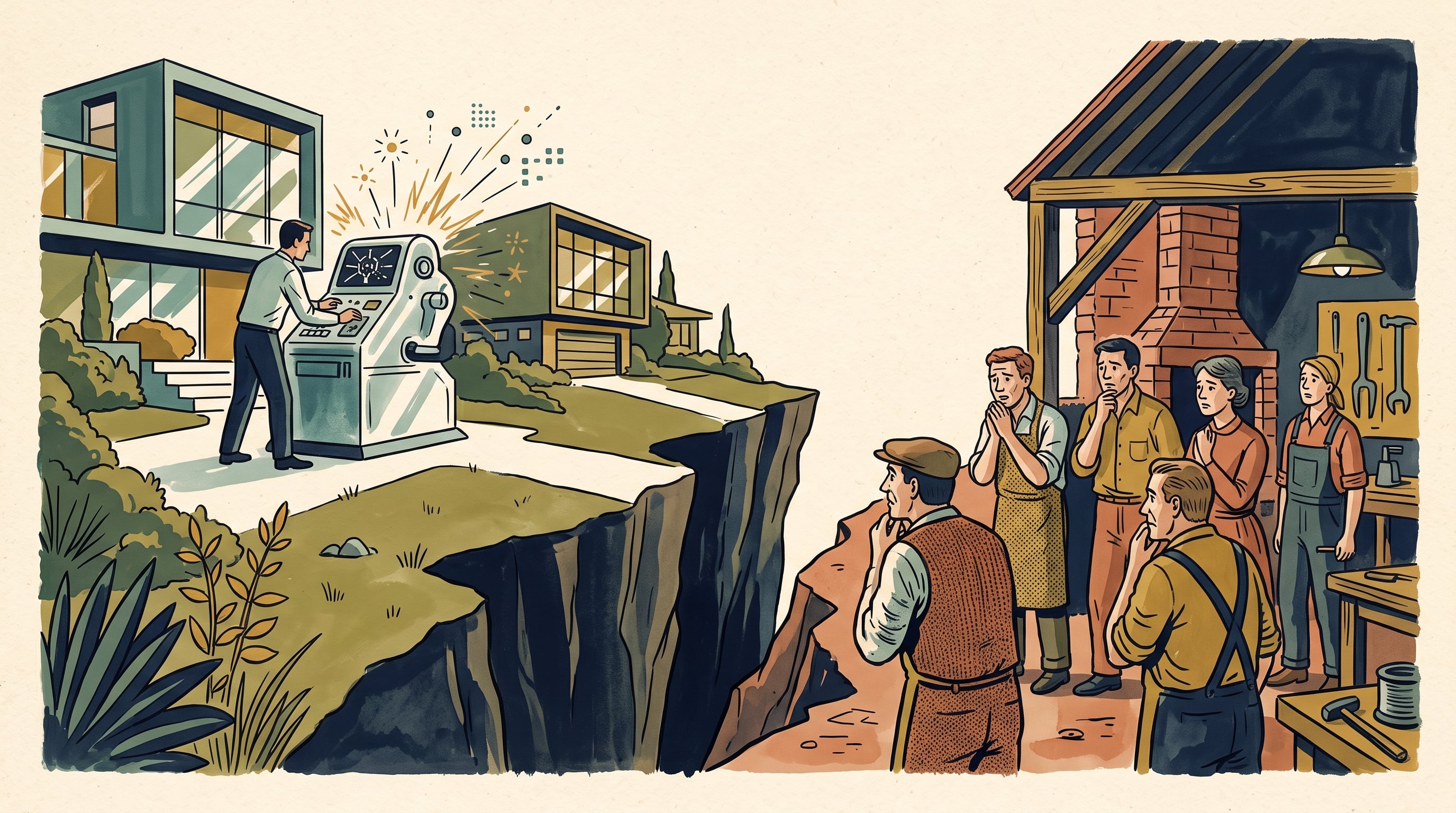 Una falla geográfica separa a un operador de tecnología avanzada en una zona próspera de un grupo de trabajadores tradicionales que observan con preocupación. (Imagen Ilustrativa Infobae)
