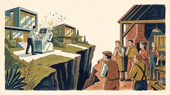 Ilustración de una grieta que separa un edificio moderno con un hombre ante una máquina y un taller tradicional con un grupo de obreros.