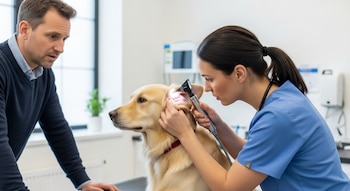 Una mujer con uniforme azul examina el oído de un perro golden retriever sentado en una mesa con un otoscopio. Un hombre observa la acción.