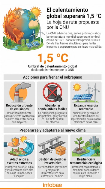 Infografía con ilustraciones de la Tierra, paneles solares, molinos de viento, barriles de petróleo, olas y árboles acompañados de textos.