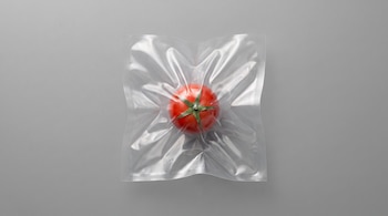 Tomate cherry rojo con tallo verde dentro de una bolsa de plástico transparente arrugada sobre una superficie lisa de color gris.