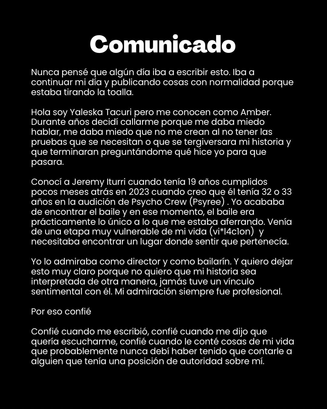Yaleska Tacuri, conocida como Amber, difundió un testimonio en redes sociales sobre un presunto caso de agresión sexual ocurrido en 2023.